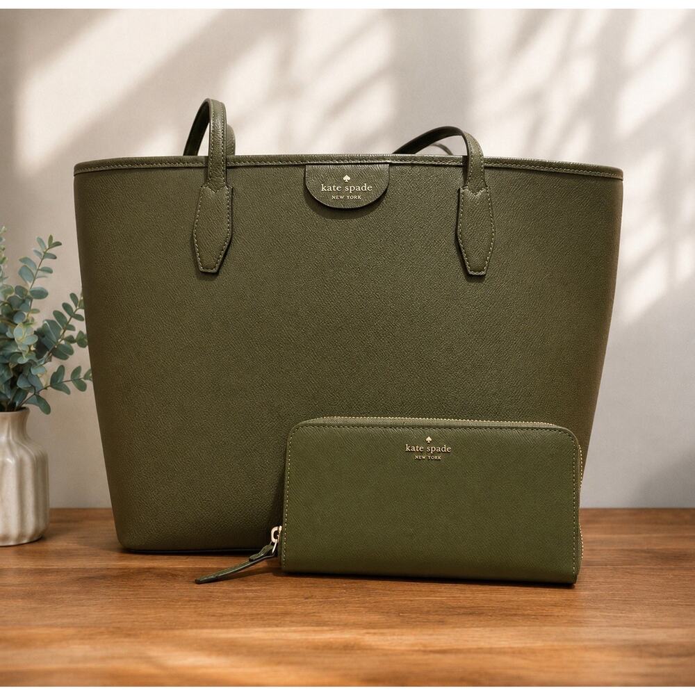 Kate Spade New York Olive Green Pebbled Leather Tote Bag & Wallet Set Large